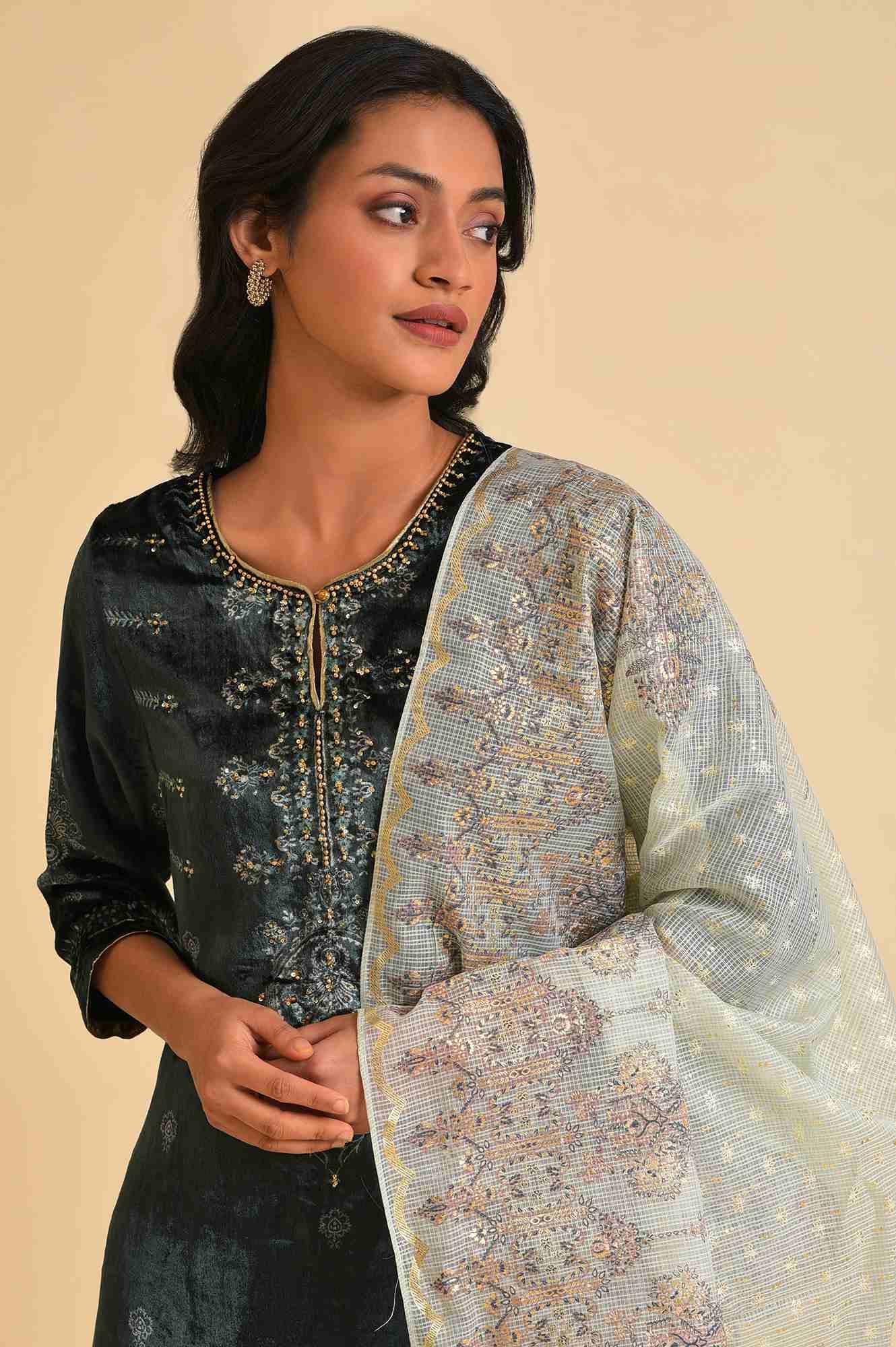 Dark Green Embellished Velvet kurta, Sharara And Dupatta Set - wforwoman