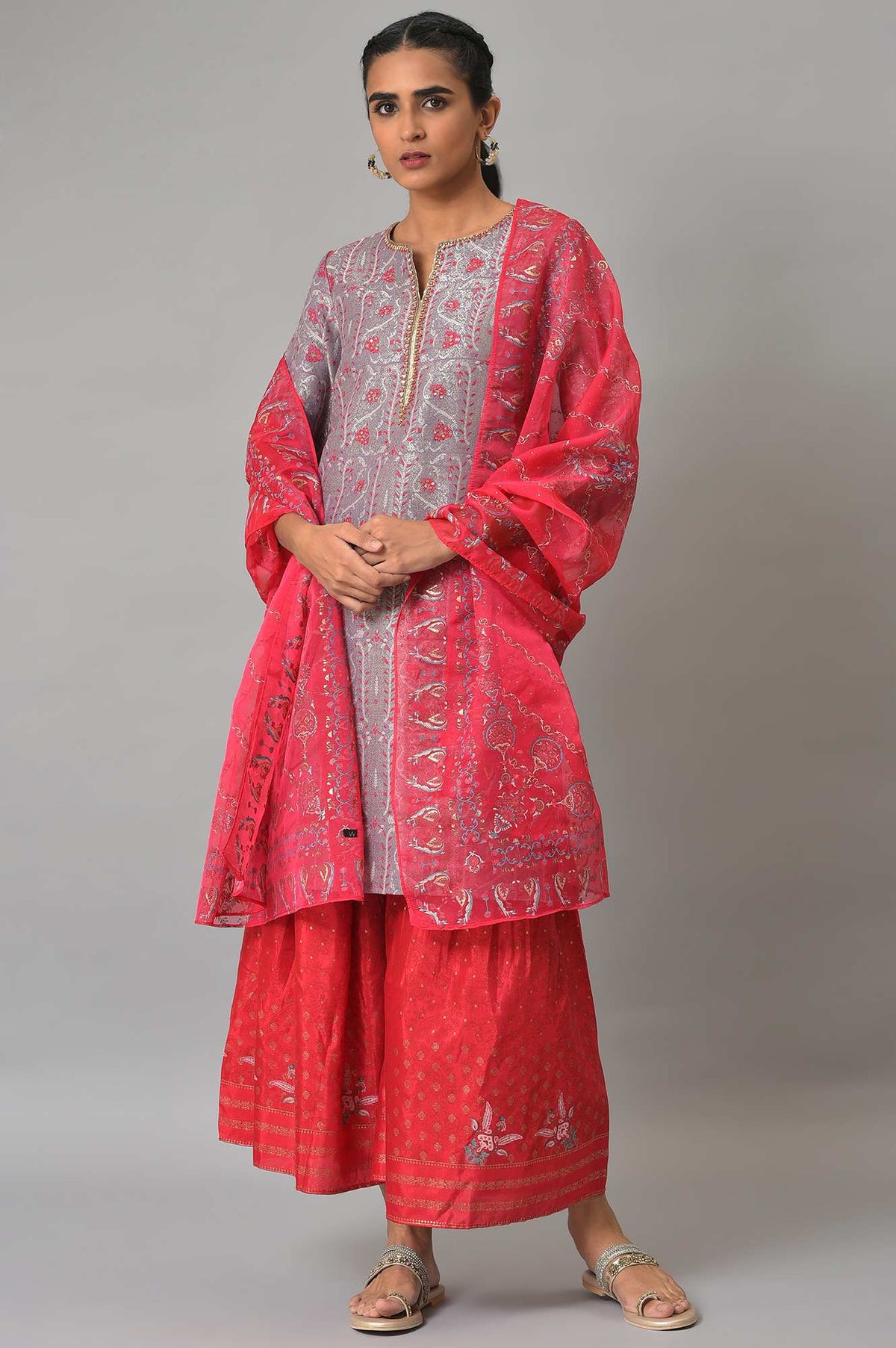 Light Purple Jacquard kurta, Sharara & Dupatta Set - XS
