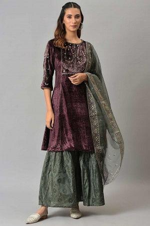 Dark Purple Velvet kurta With Grey Sharara And Dupatta - 6