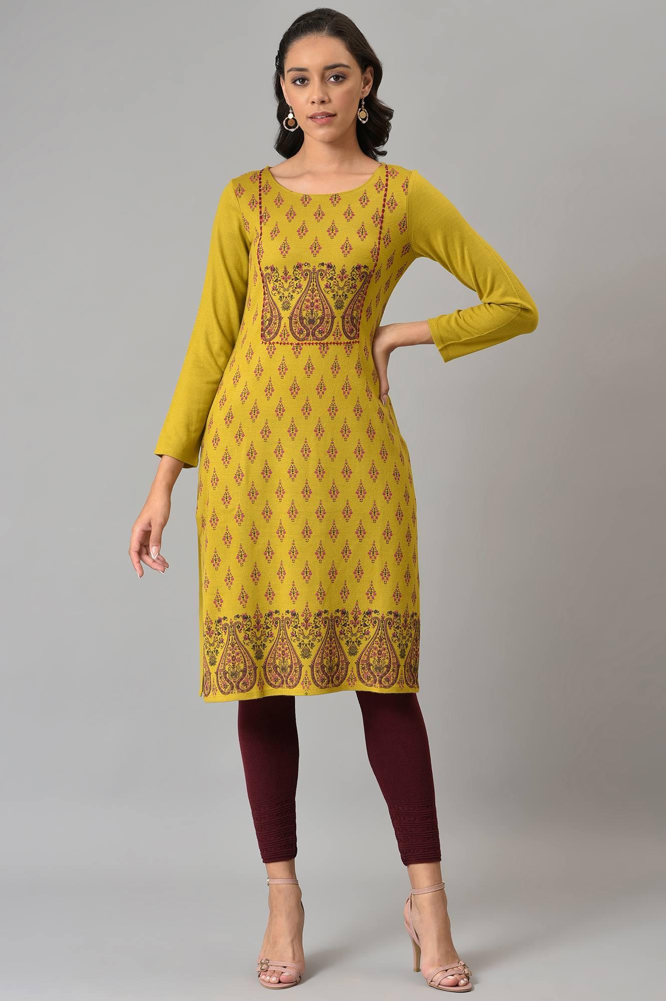 Green Paisley Print Festive Winter kurta - wforwoman