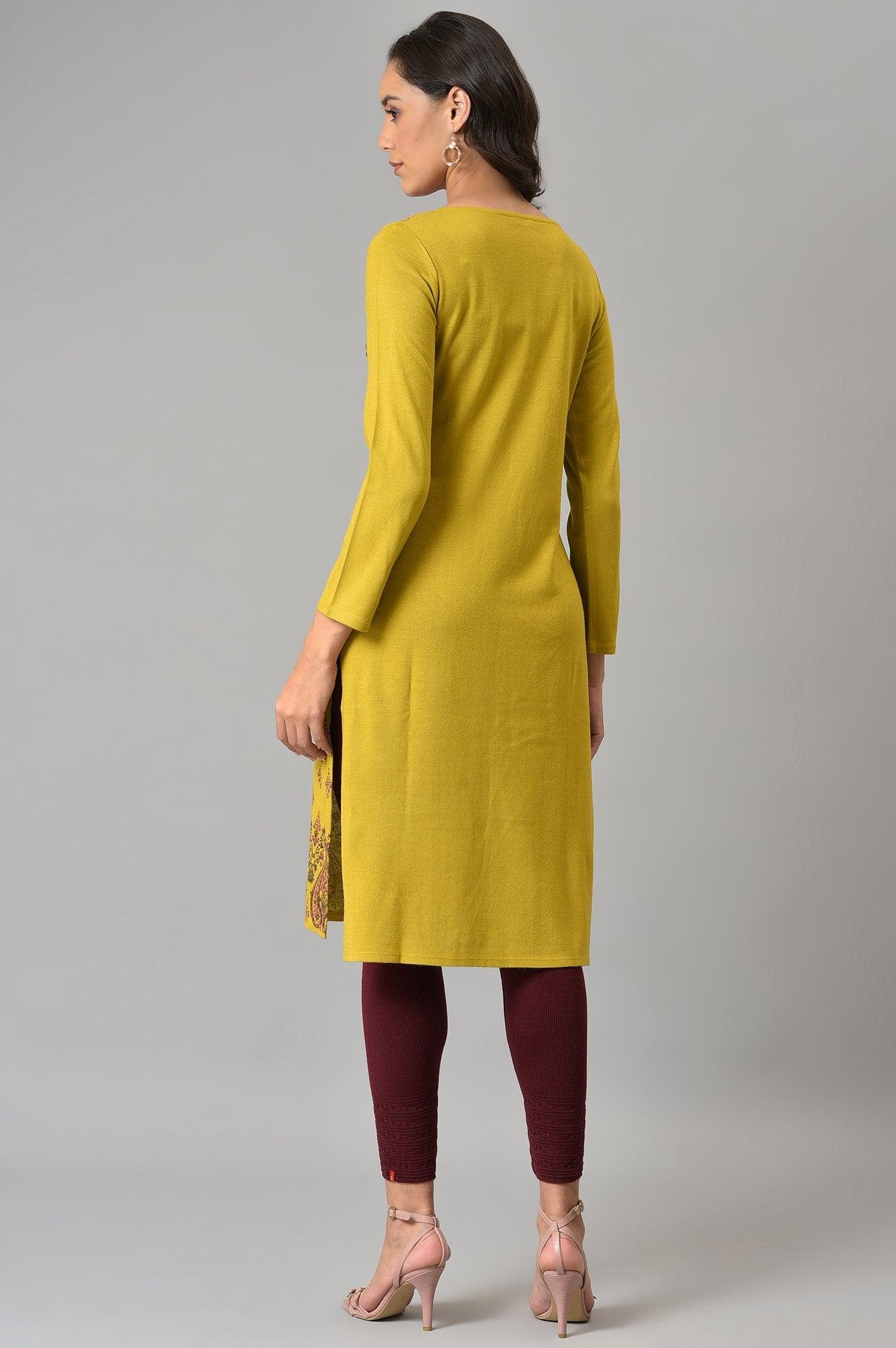 Green Paisley Print Festive Winter kurta - wforwoman