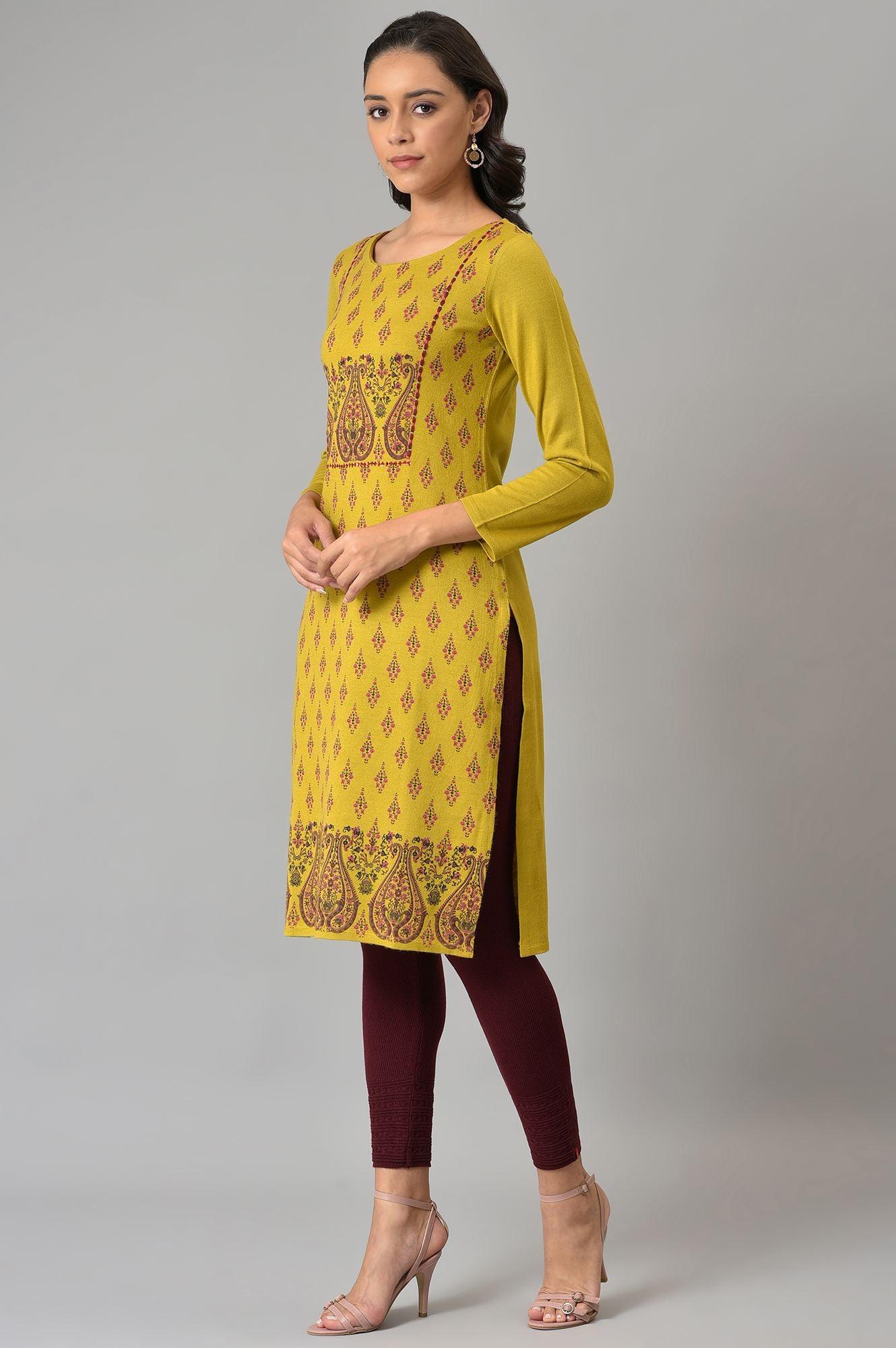 Green Paisley Print Festive Winter kurta - wforwoman