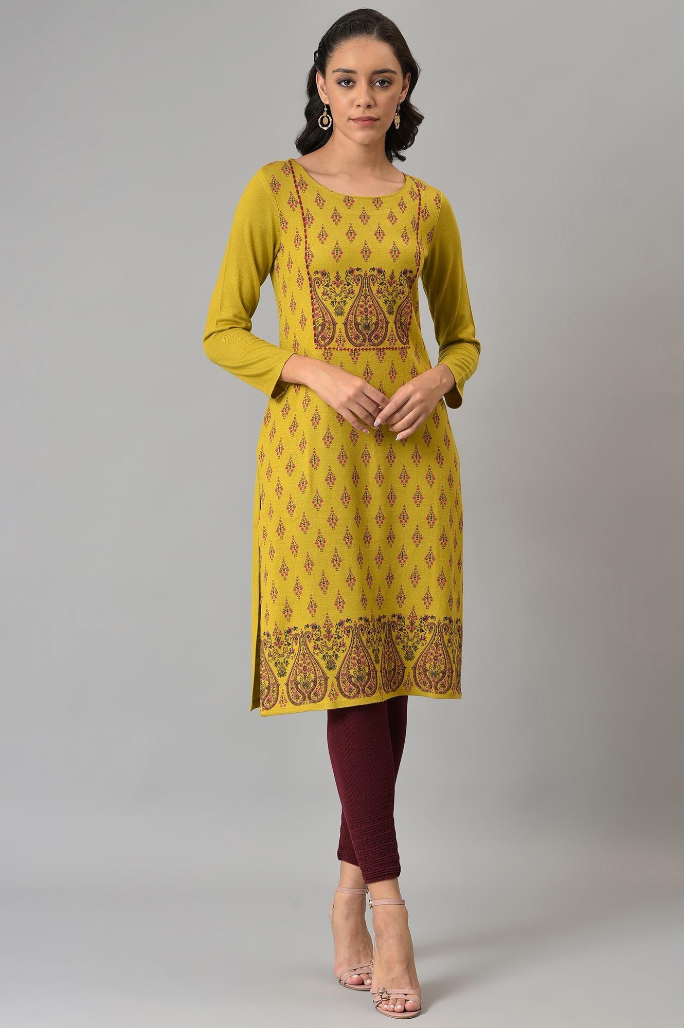 Green Paisley Print Festive Winter kurta - wforwoman