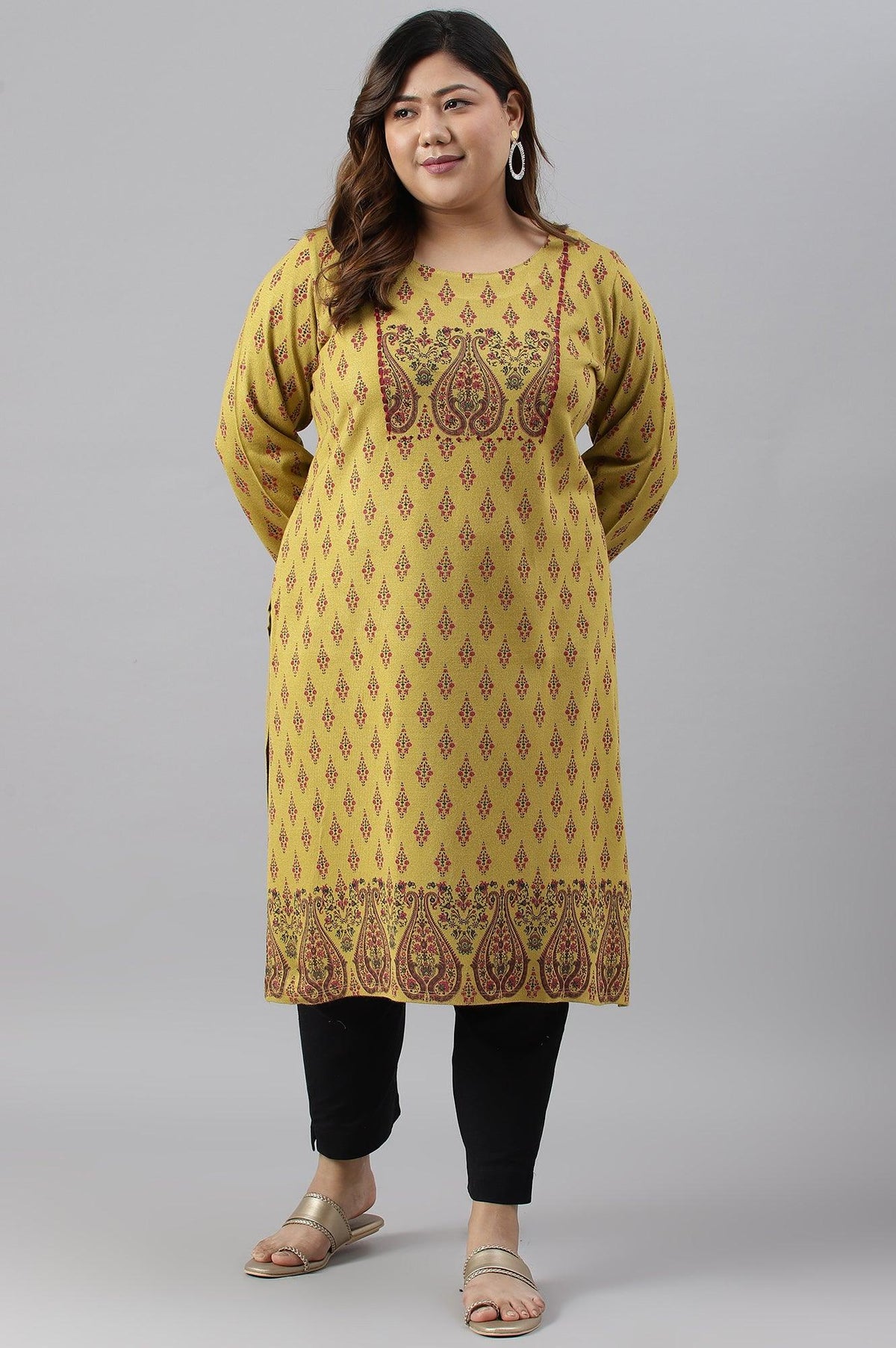 Green Paisley Print Festive Plus Size Winter kurta - XS