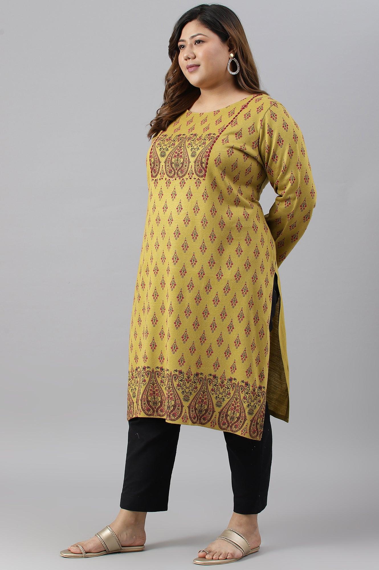 Green Paisley Print Festive Plus Size Winter kurta - wforwoman