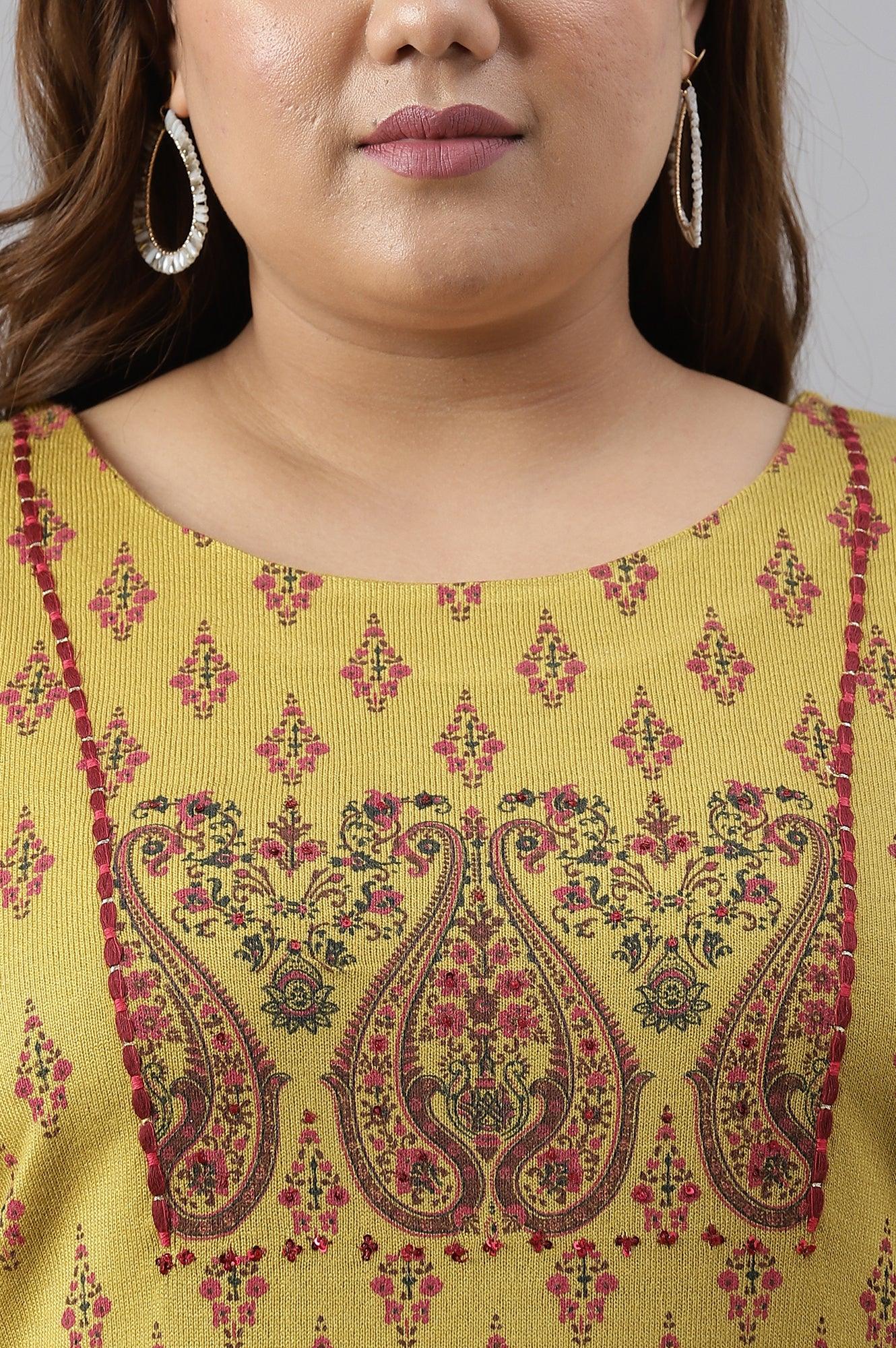 Green Paisley Print Festive Plus Size Winter kurta - wforwoman