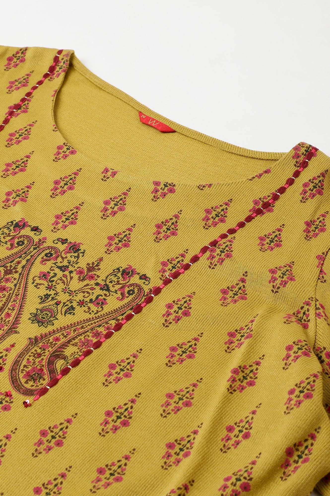 Green Paisley Print Festive Plus Size Winter kurta - wforwoman