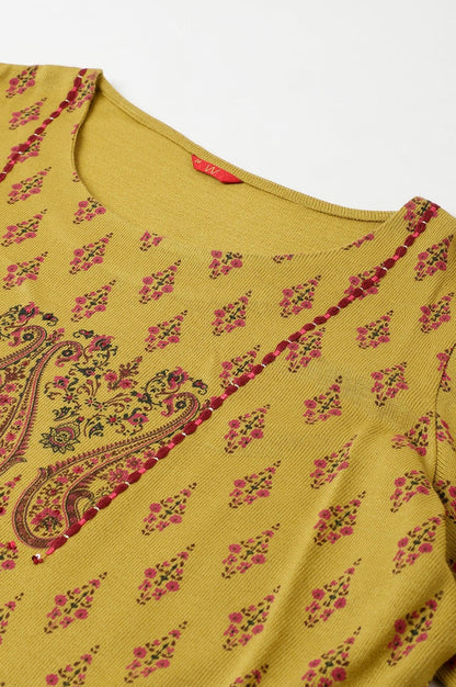 Green Paisley Print Festive Plus Size Winter kurta - wforwoman