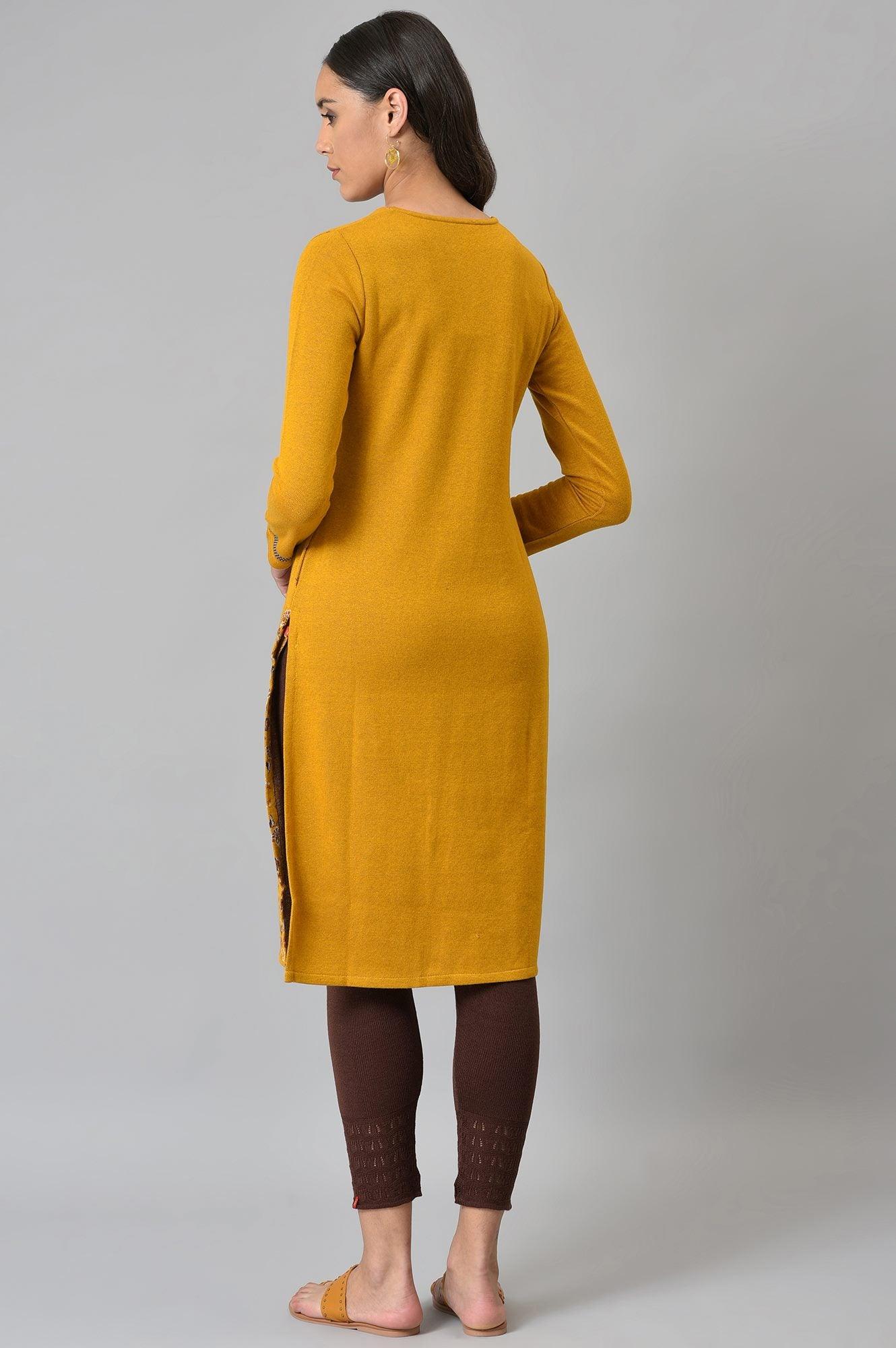 Dark Yellow Geometric Print Winter kurta - wforwoman