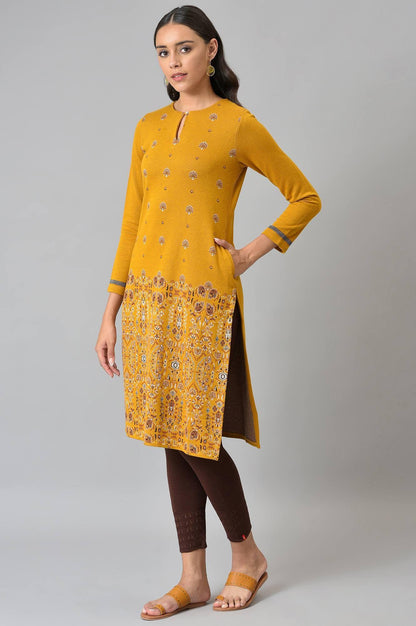 Dark Yellow Geometric Print Plus Size Winter Kurta - wforwoman
