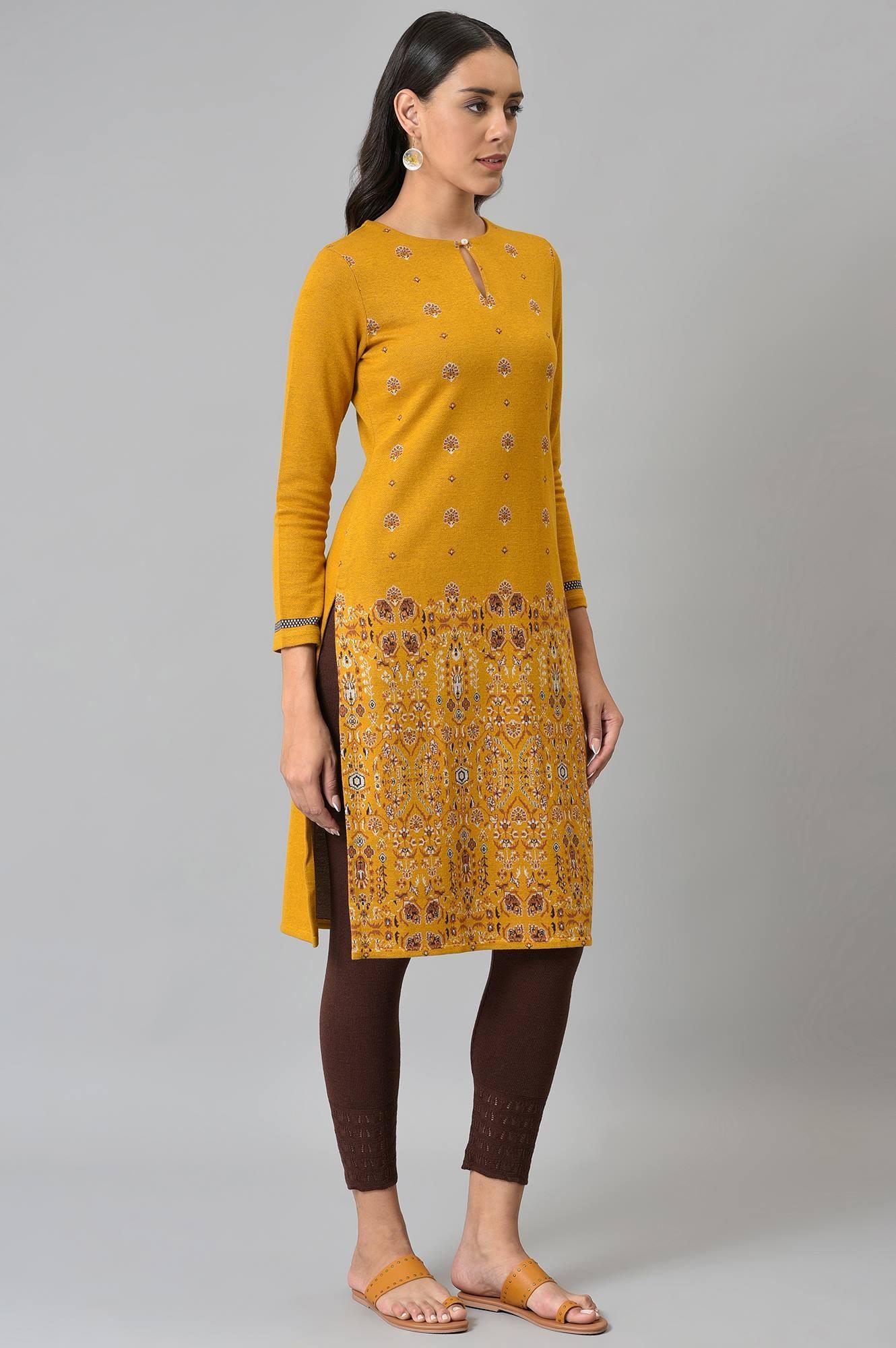 Dark Yellow Geometric Print Winter kurta - wforwoman