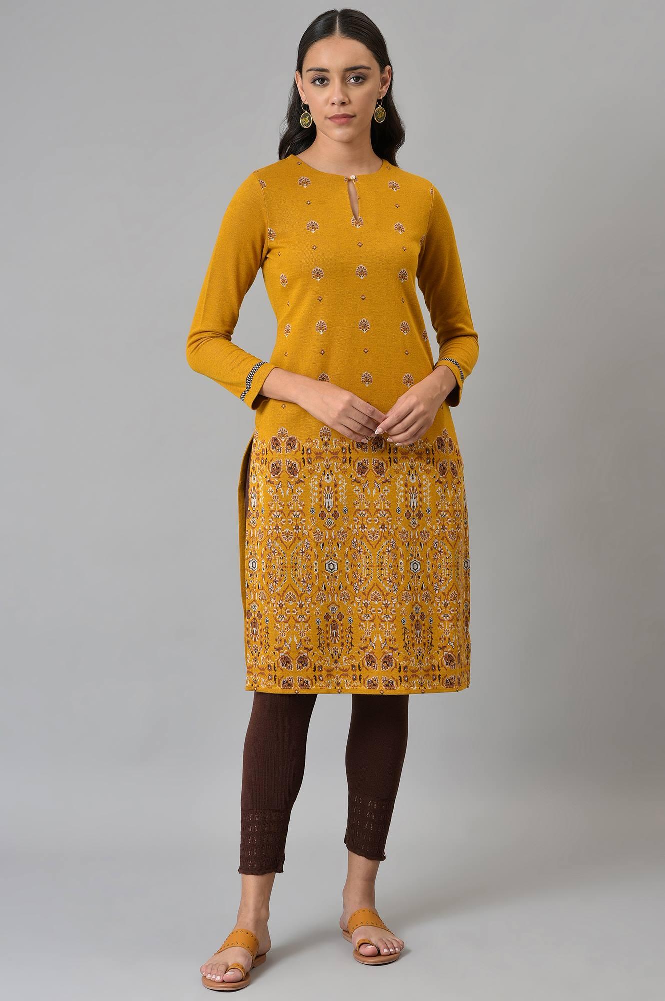 Dark Yellow Geometric Print Plus Size Winter Kurta - wforwoman
