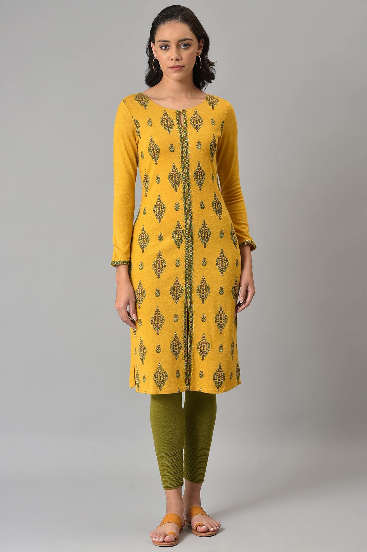 Yellow Floral Printed Winter kurta - XS