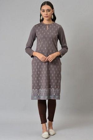 Purple Paisley Printed Winter kurta - S