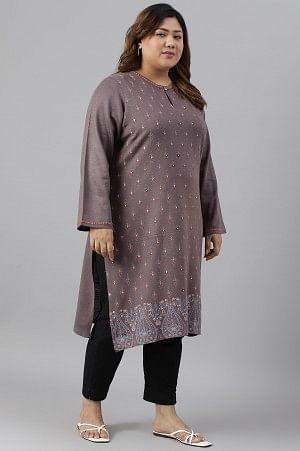 Purple Paisley Printed Plus Size Winter kurta - wforwoman