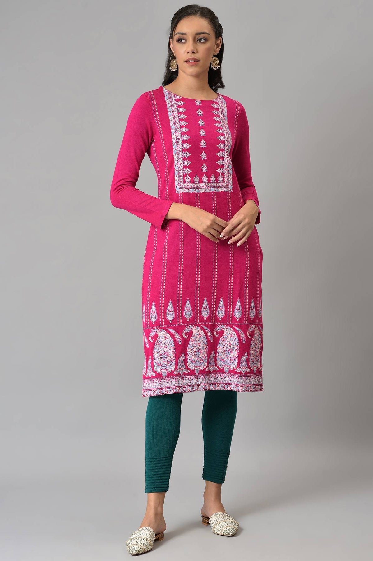 Pink Paisley Print Winter kurta - XS