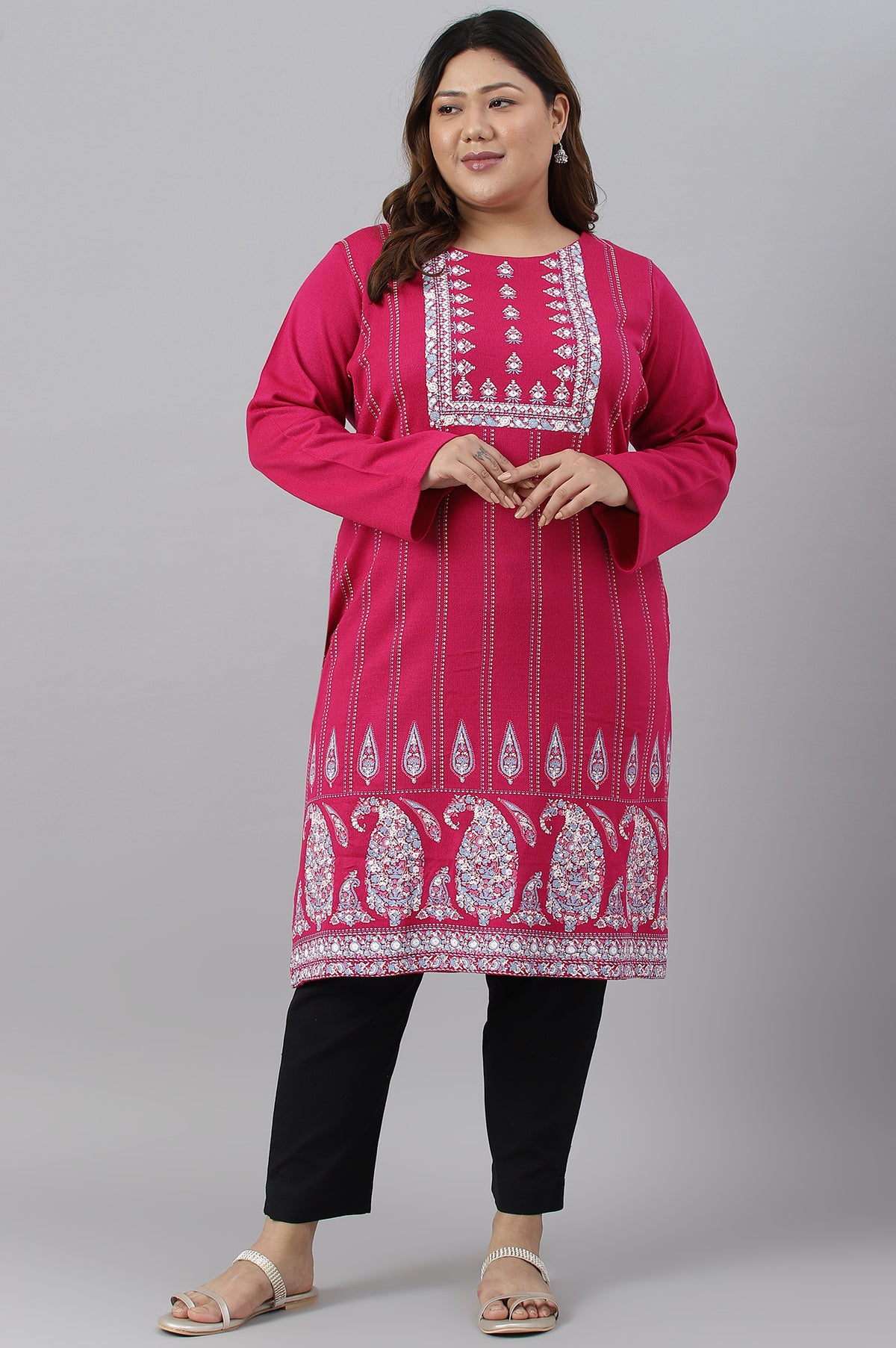 Pink Paisley Print Plus Size Winter kurta - XS