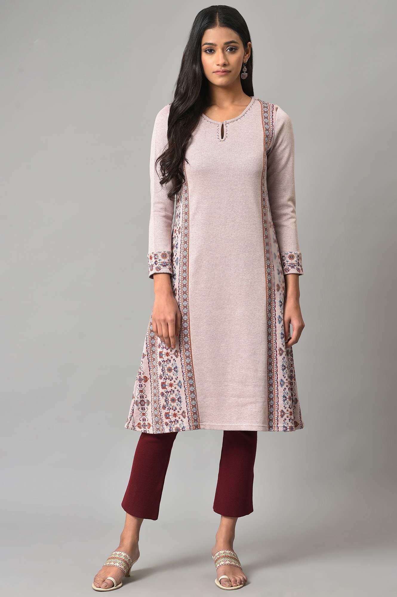 Pink Panelled A-Line Winter kurta - wforwoman