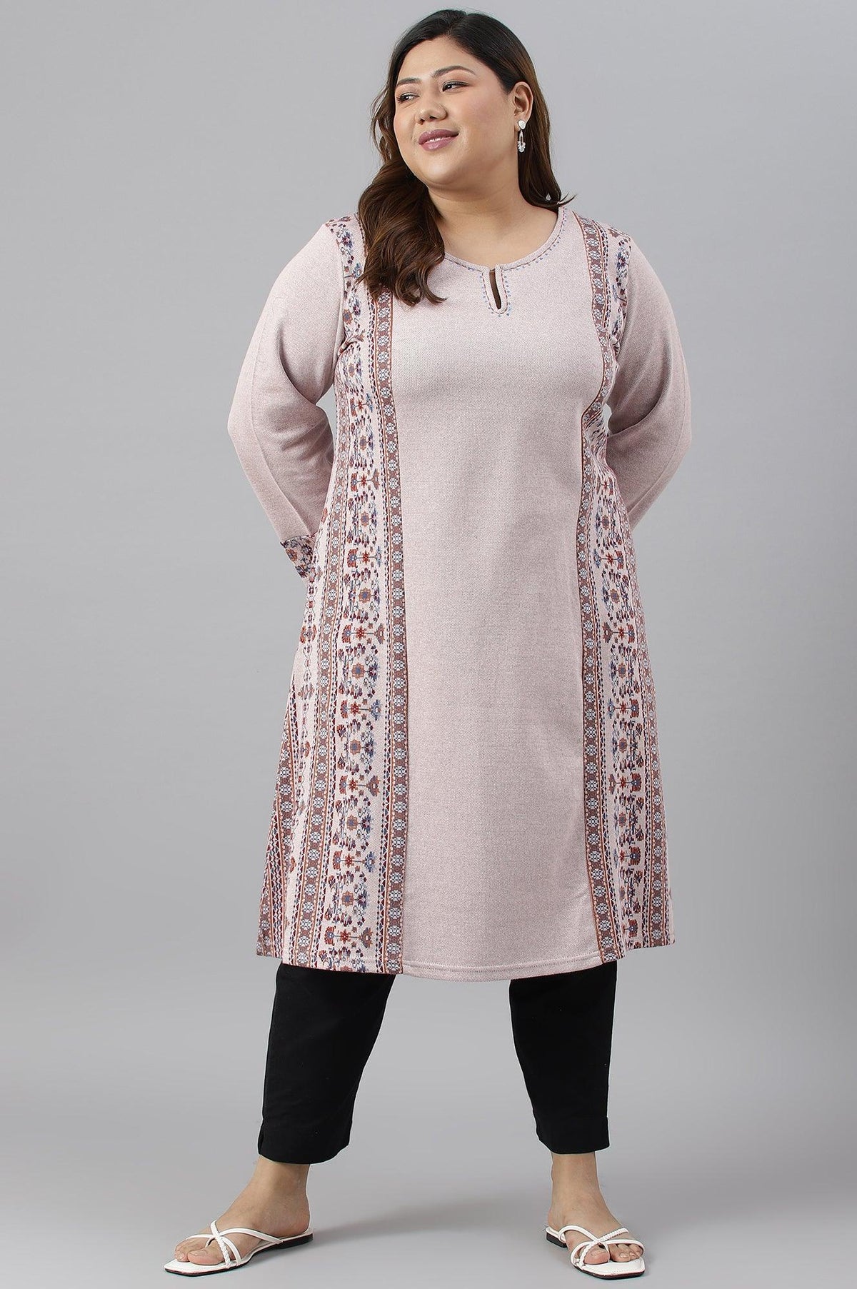 Pink Panelled A-Line Plus Size Winter kurta - XS
