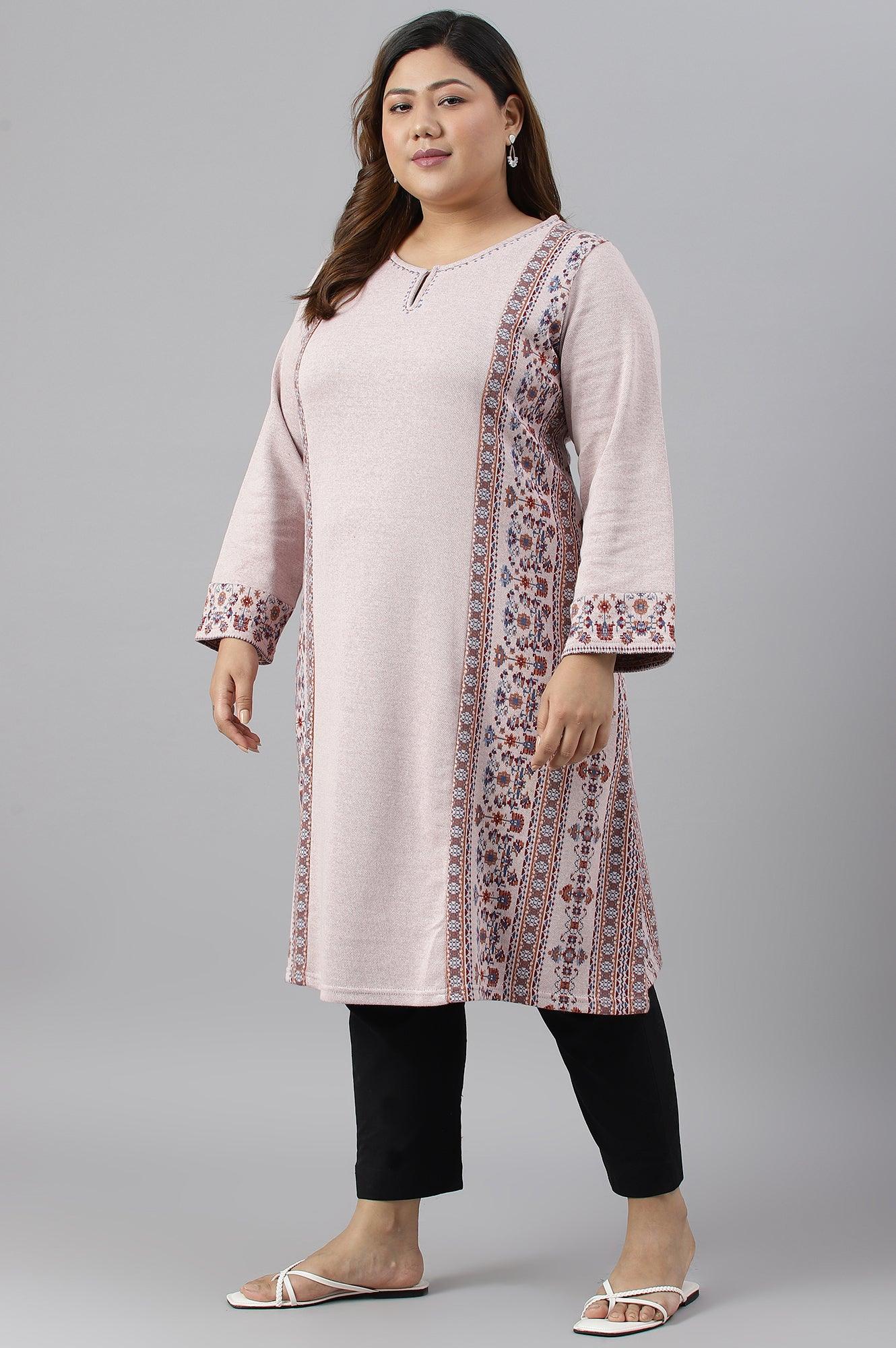 Pink Panelled A-Line Plus Size Winter kurta - wforwoman