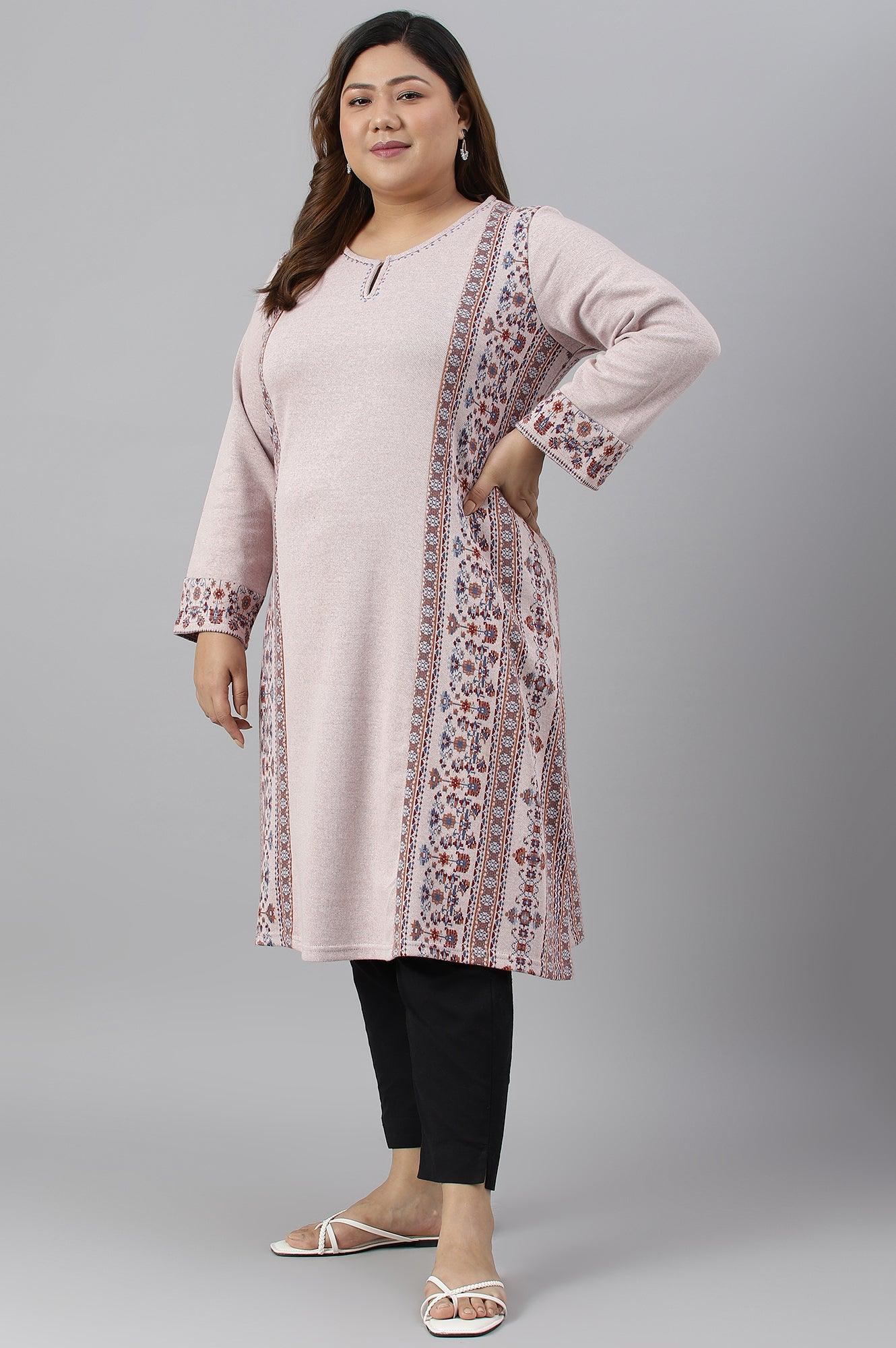 Pink Panelled A-Line Plus Size Winter kurta - wforwoman