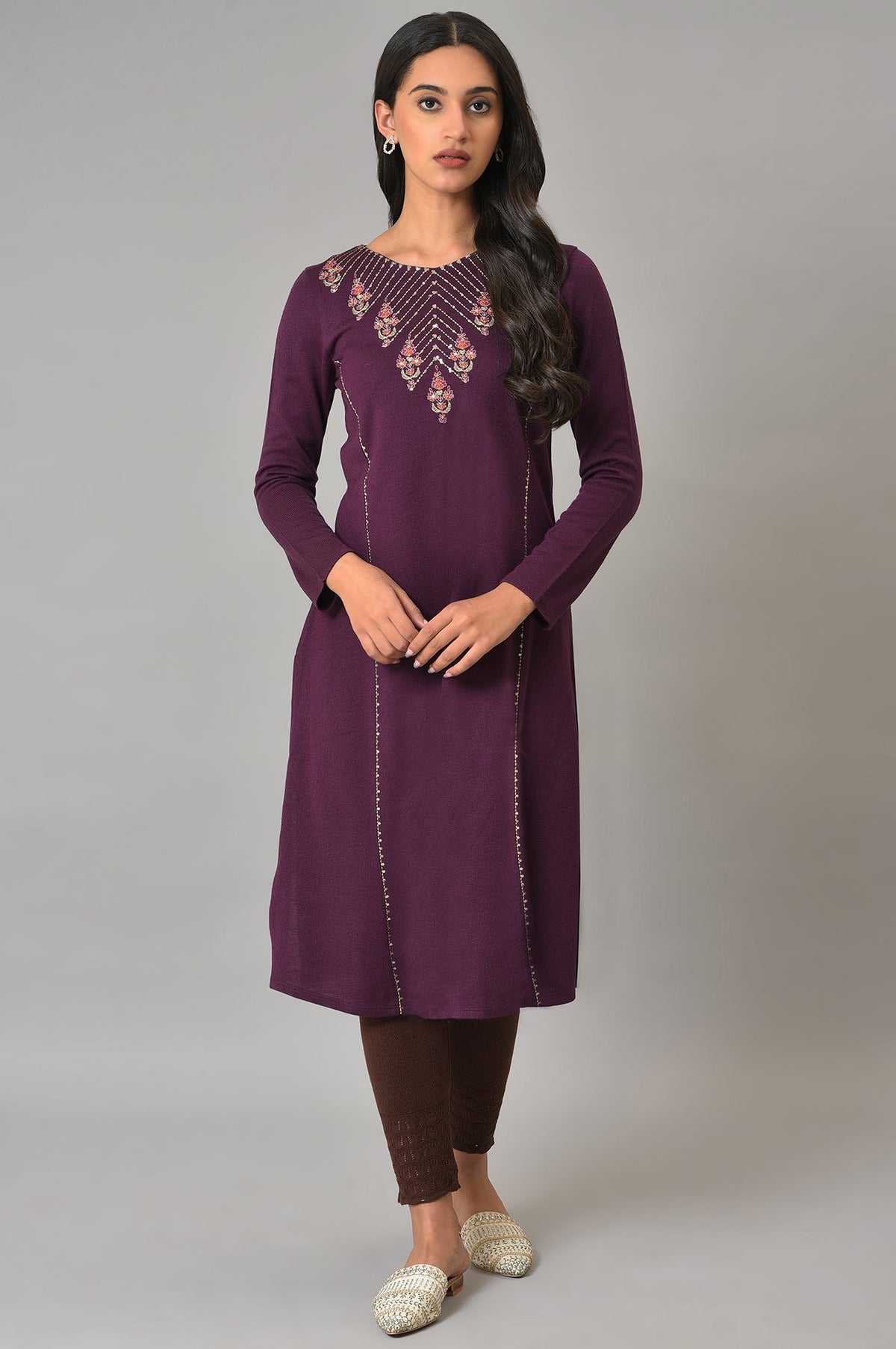 Purple A-Line Embroidered Winter kurta - XS