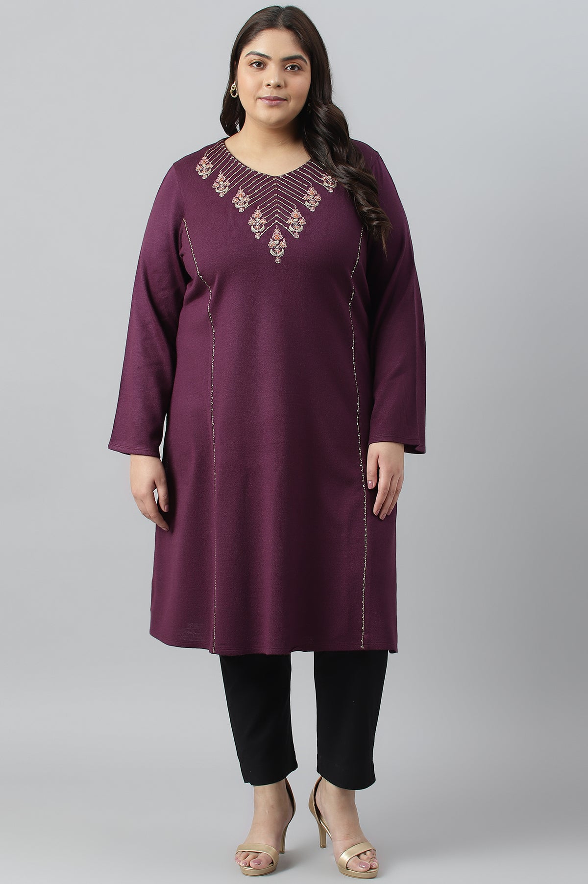 Purple A-Line Embroidered Plus Size Winter kurta - XS