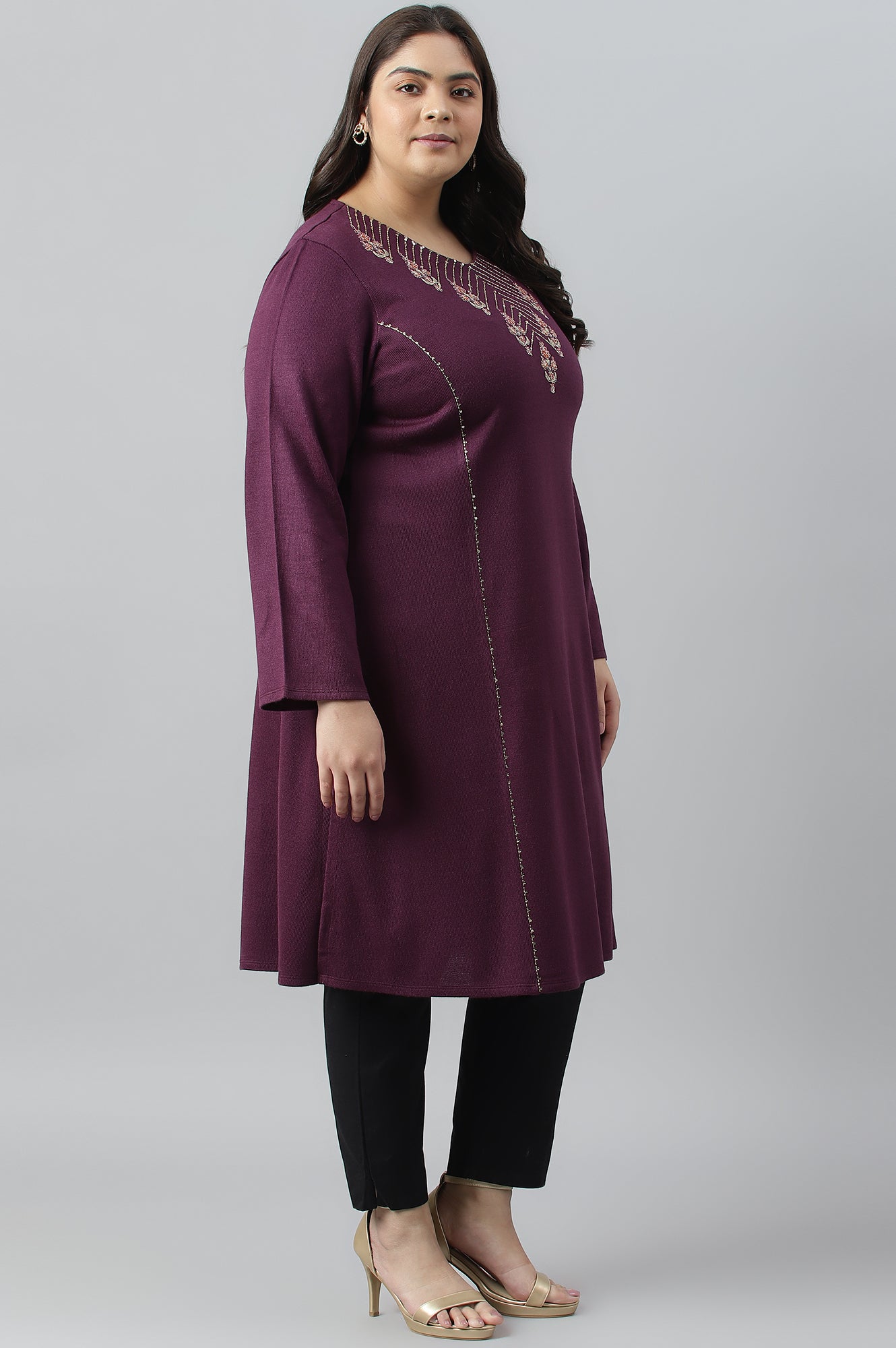 Purple A-Line Embroidered Plus Size Winter kurta