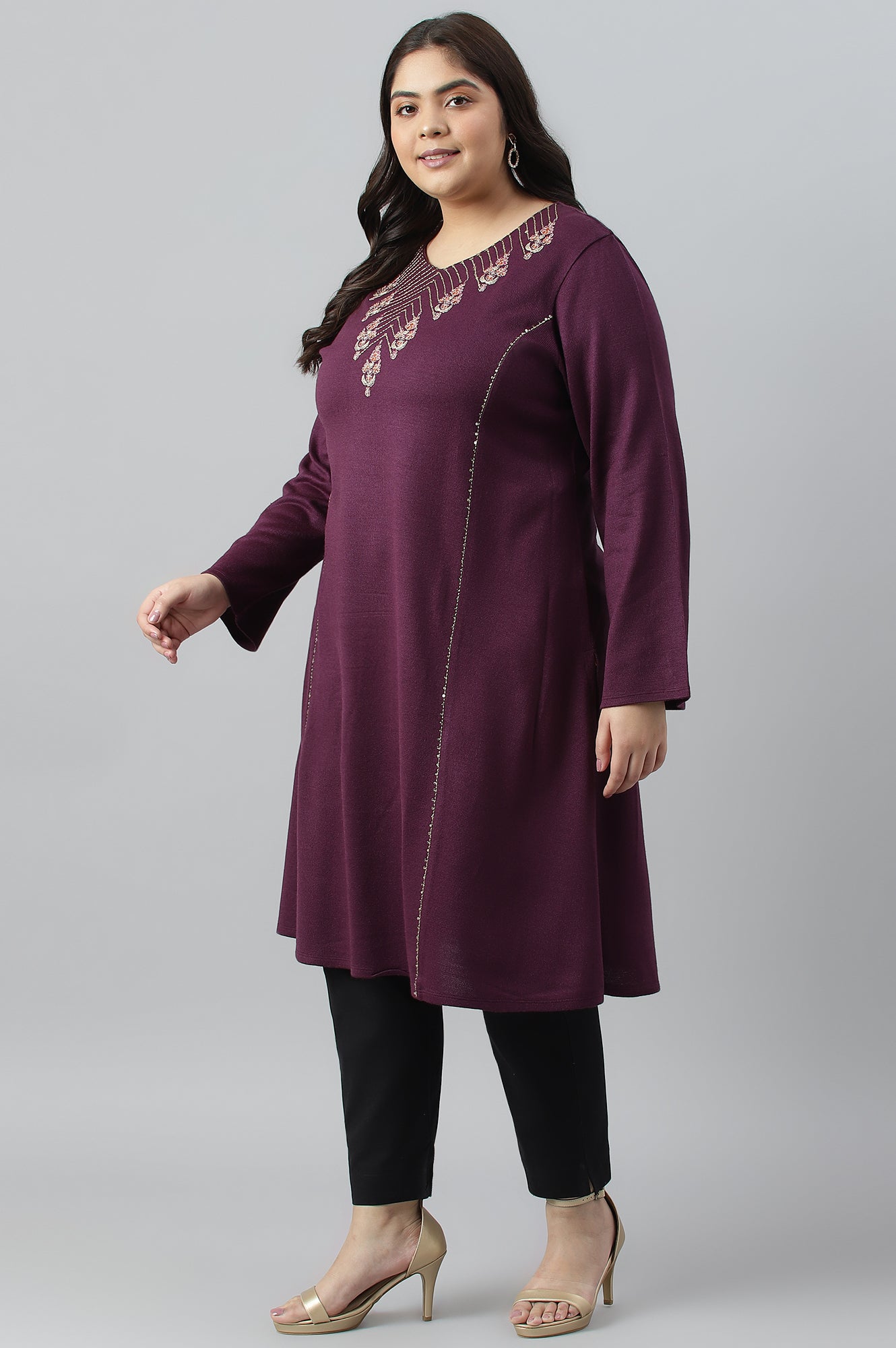 Purple A-Line Embroidered Plus Size Winter kurta