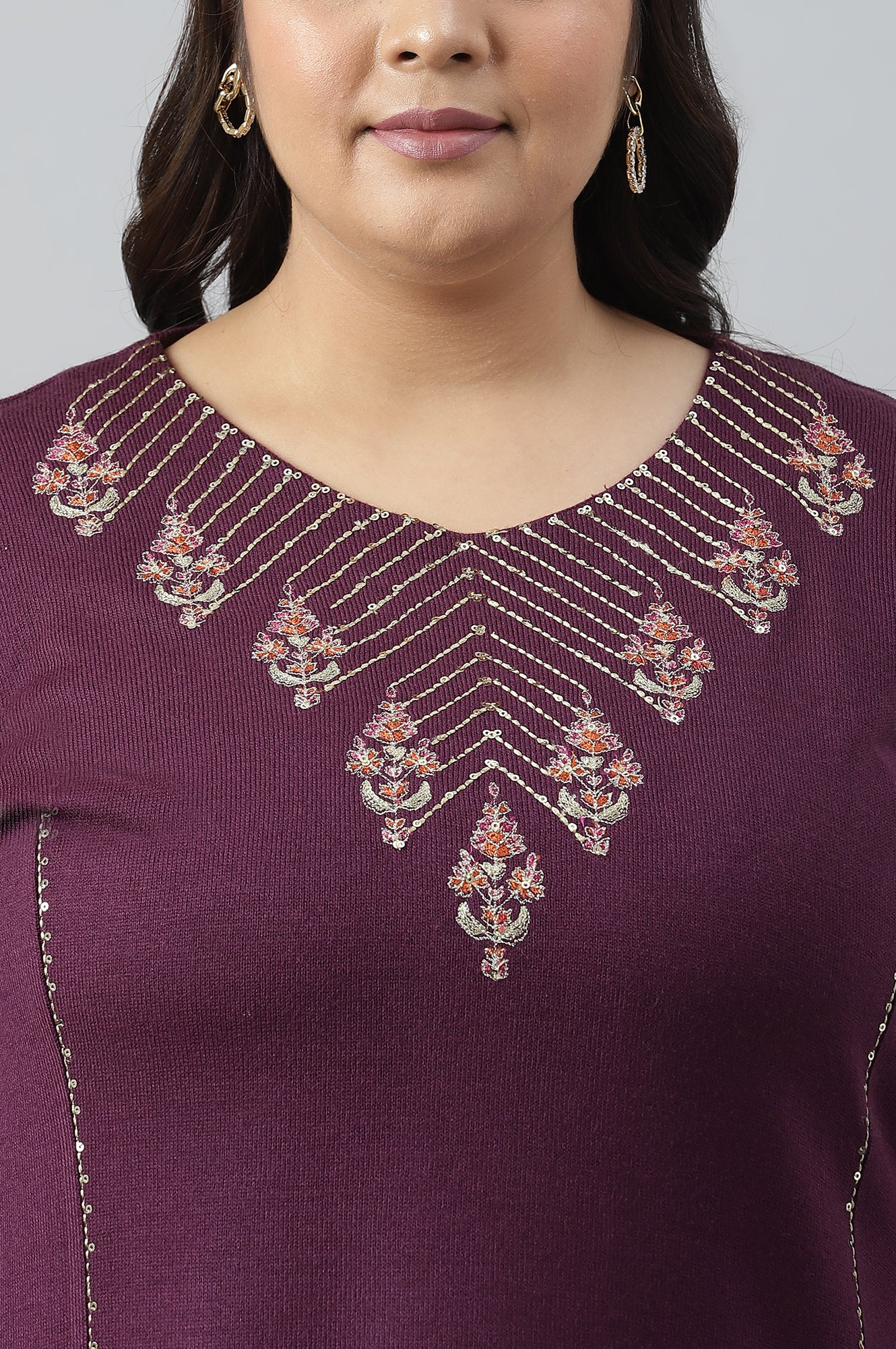 Purple A-Line Embroidered Plus Size Winter kurta