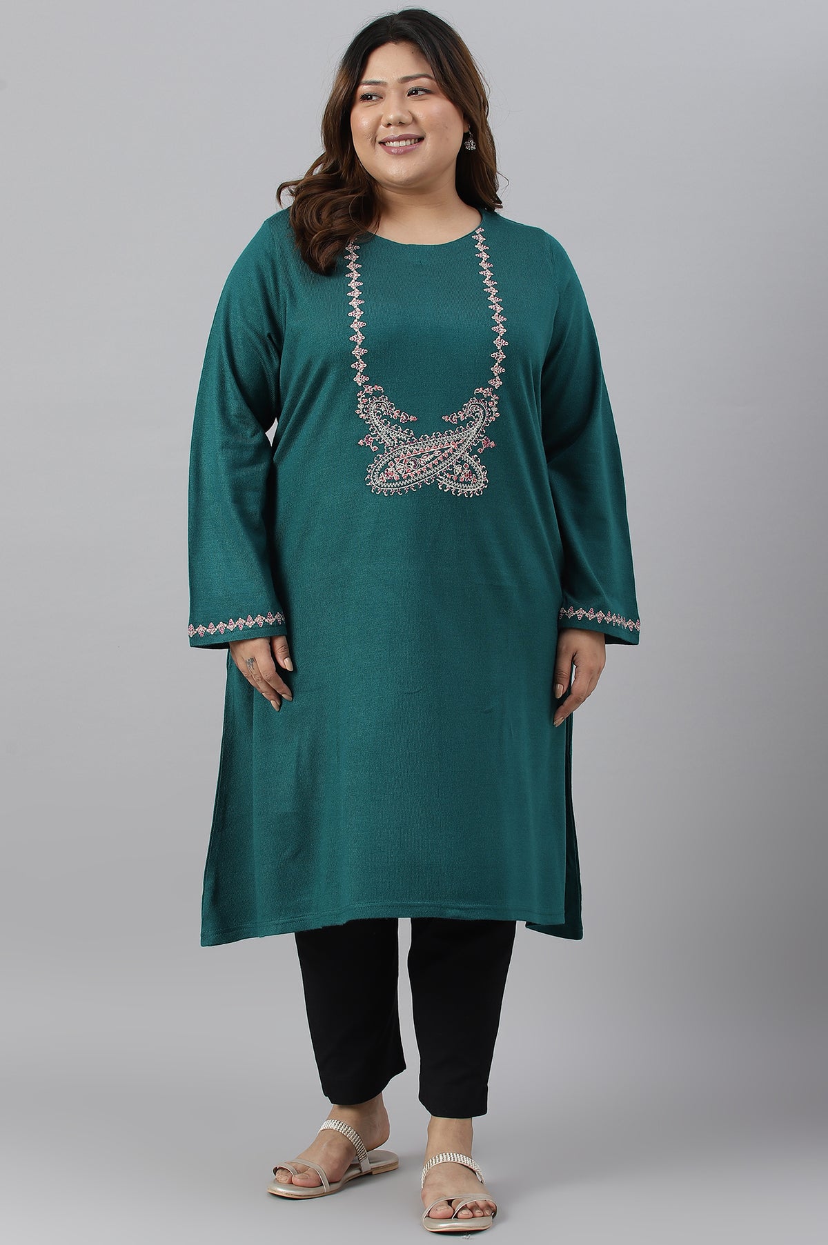 Green Light Festive Embroidered Plus Size Winter kurta - XS