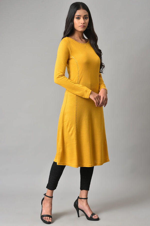 Yellow A-Line Embroidered Winter kurta