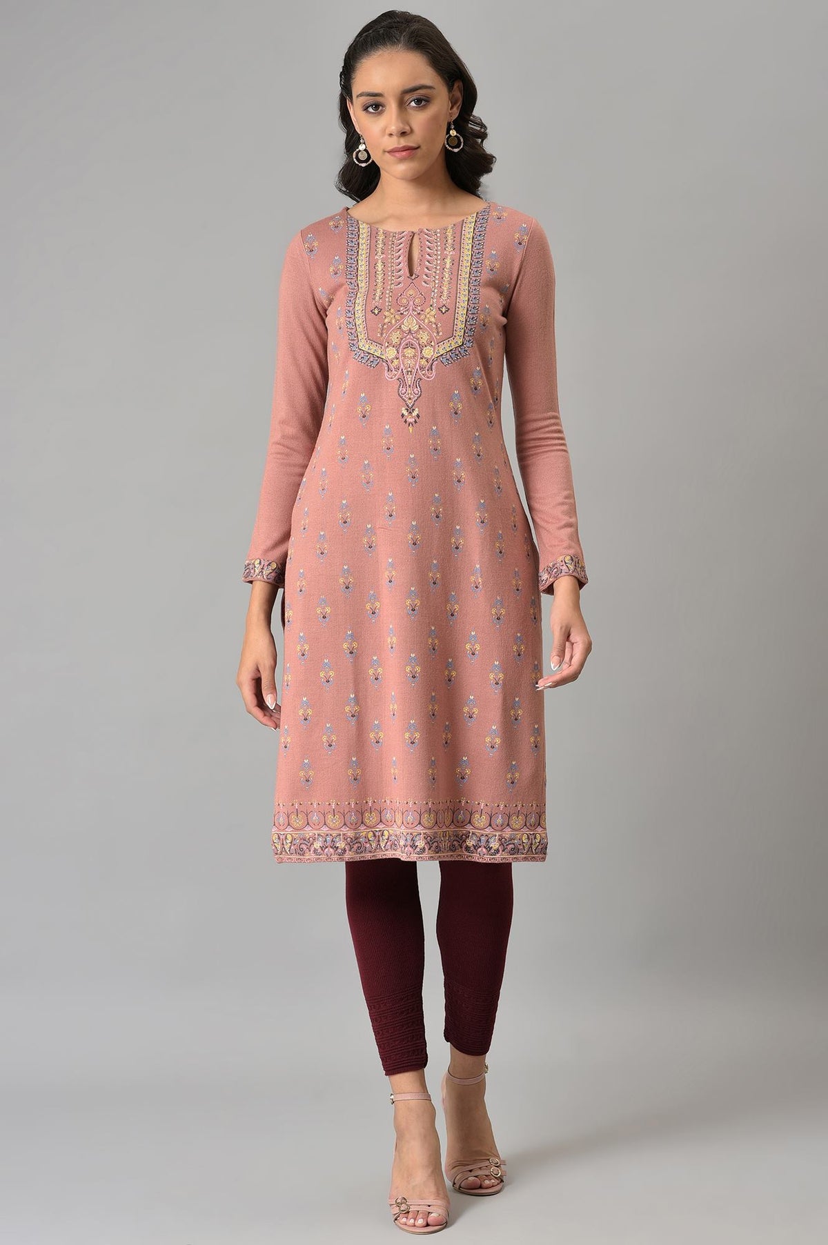 Old Rose Pink Floral Printed Winter kurta - XS