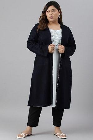 Plus Size Blue Mock Jacket Winter Dress With Sequins Edge