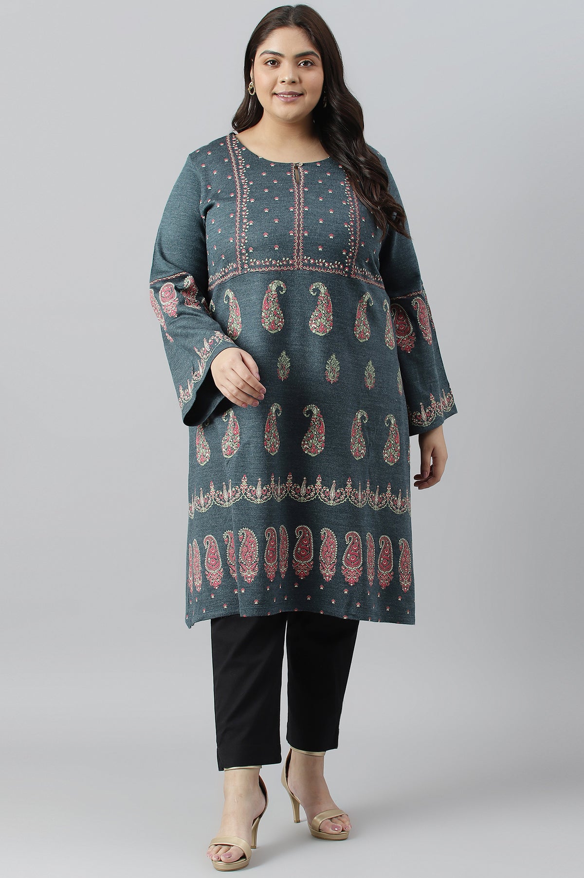 Blue Paisley Printed Knitted Plus Size Winter kurta - XS