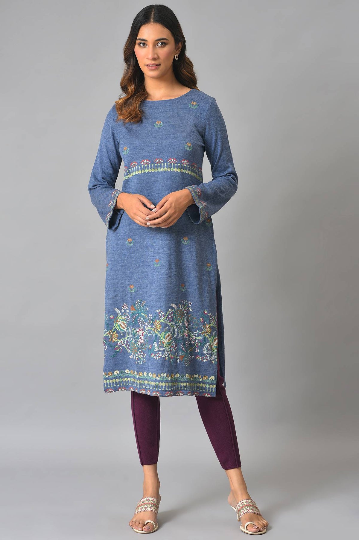 Blue Contemporary Floral Printed Winter kurta - 6