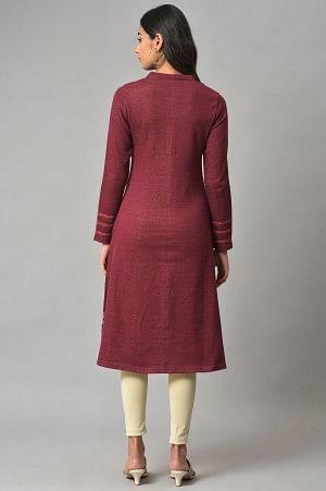 Dark Pink Floral Jacquard Winter Plus Size kurta - wforwoman