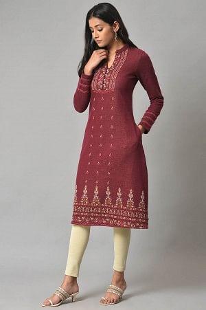 Dark Pink Floral Jacquard Winter Plus Size kurta - wforwoman