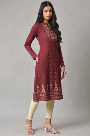 Dark Pink Floral Jacquard Winter Plus Size kurta - wforwoman