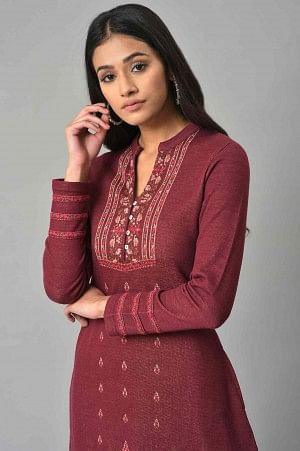 Dark Pink Floral Jacquard Winter Plus Size kurta - wforwoman