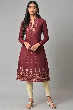 Dark Pink Floral Jacquard Winter Plus Size kurta