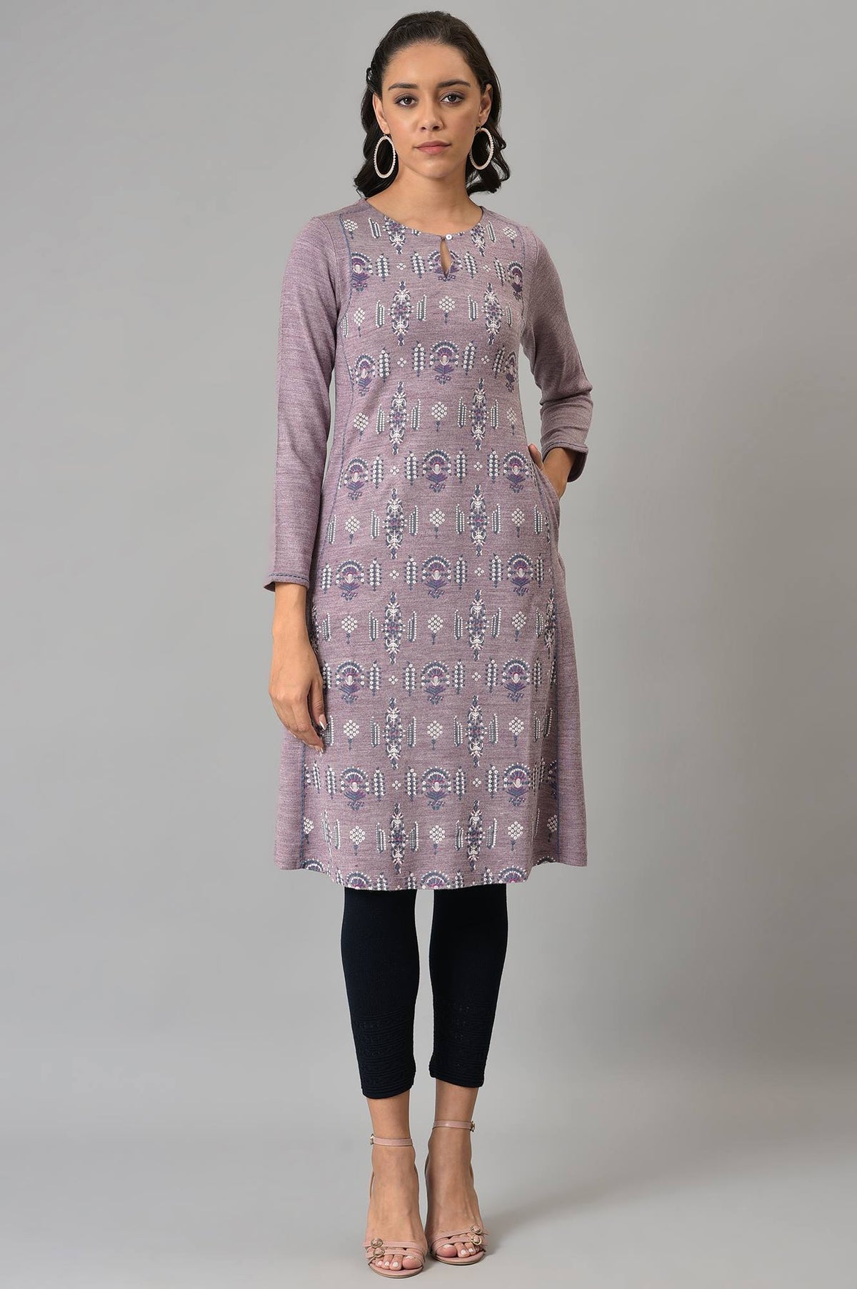 Purple A-Line Floral Printed Winter kurta - XS