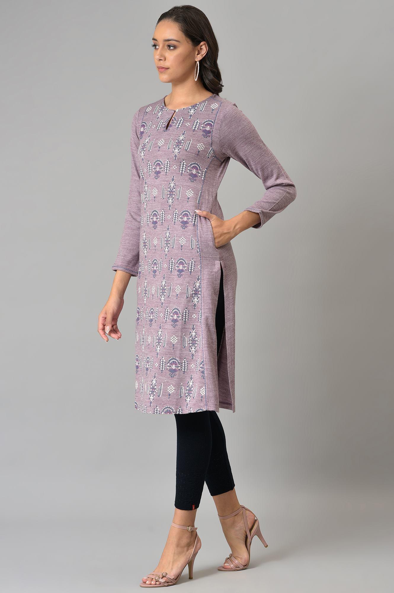 Purple A-Line Floral Printed Plus Size Winter Kurta - wforwoman