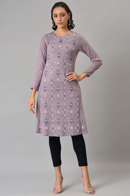 Purple A-Line Floral Printed Plus Size Winter Kurta - wforwoman