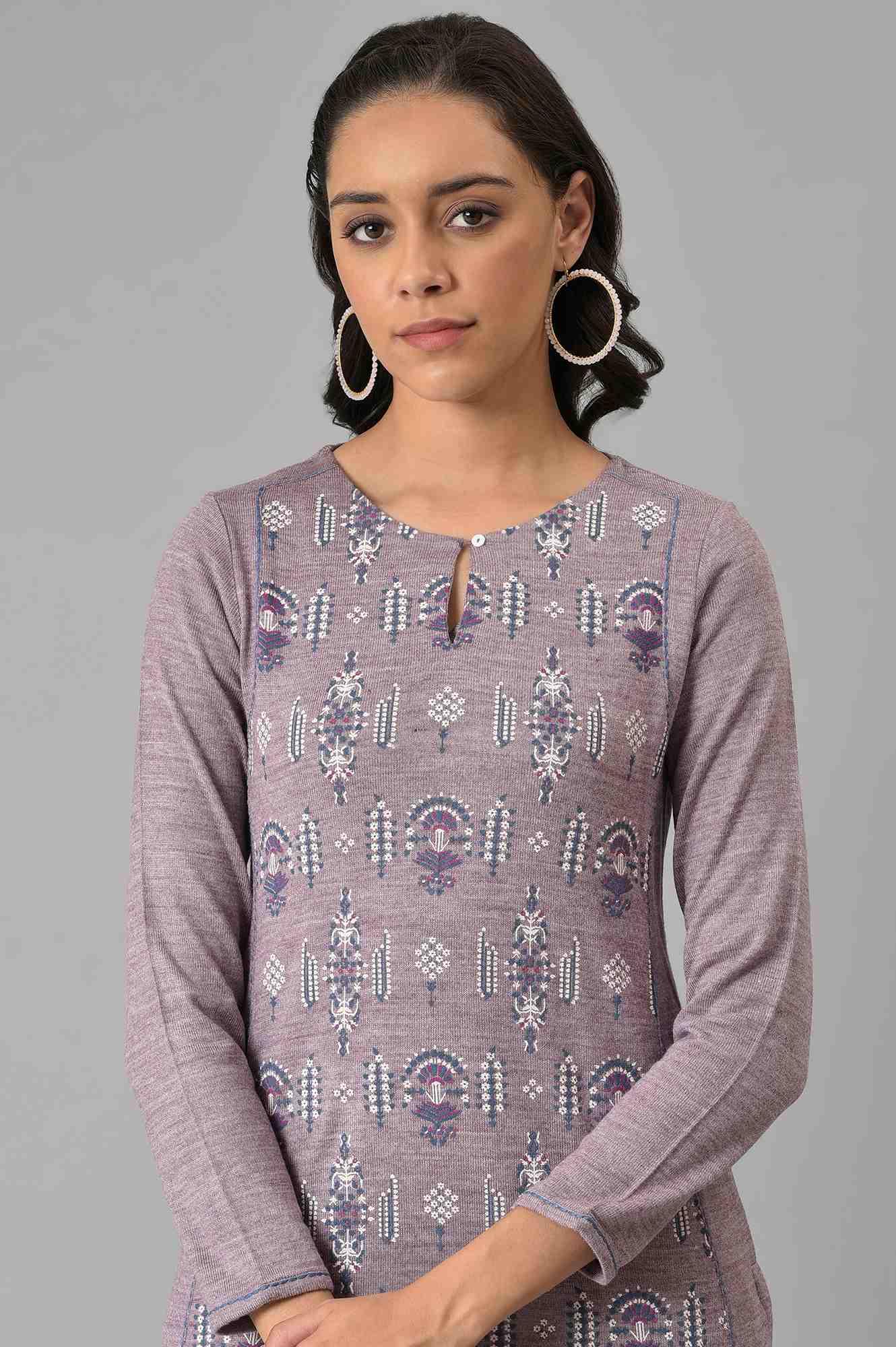 Purple A-Line Floral Printed Plus Size Winter Kurta - wforwoman