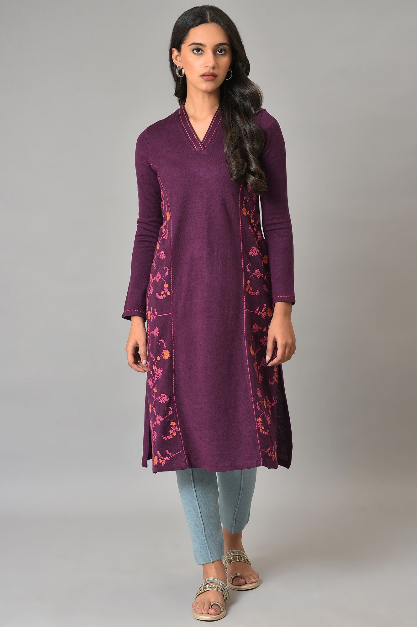Purple A-Line Embroidered Winter kurta