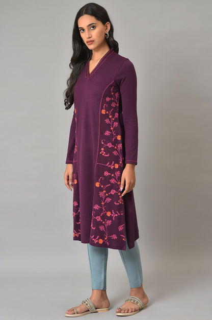 Purple A-Line Embroidered Winter kurta