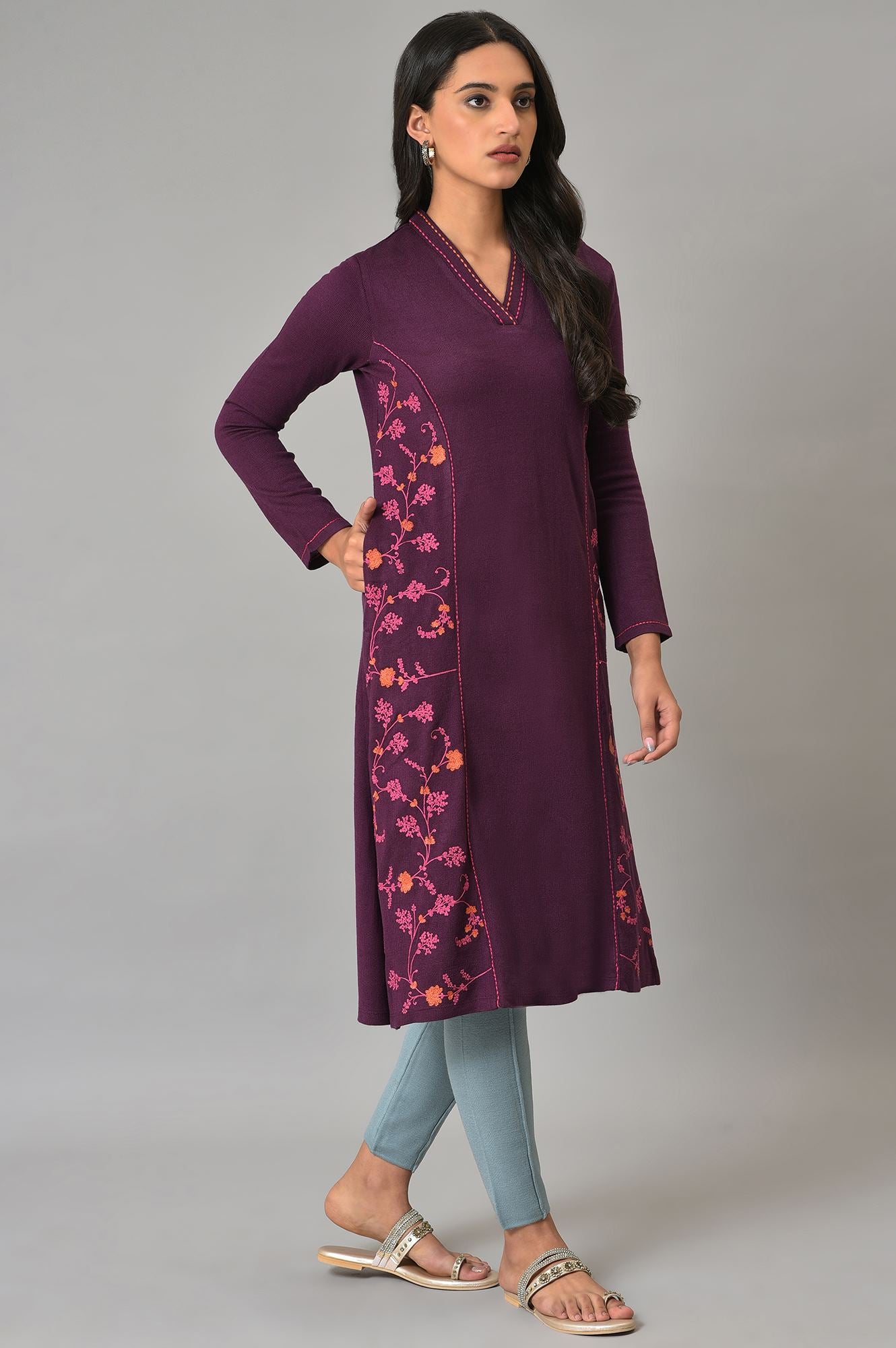 Purple A-Line Embroidered Winter kurta