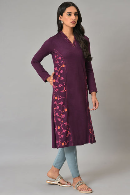 Purple A-Line Embroidered Winter kurta
