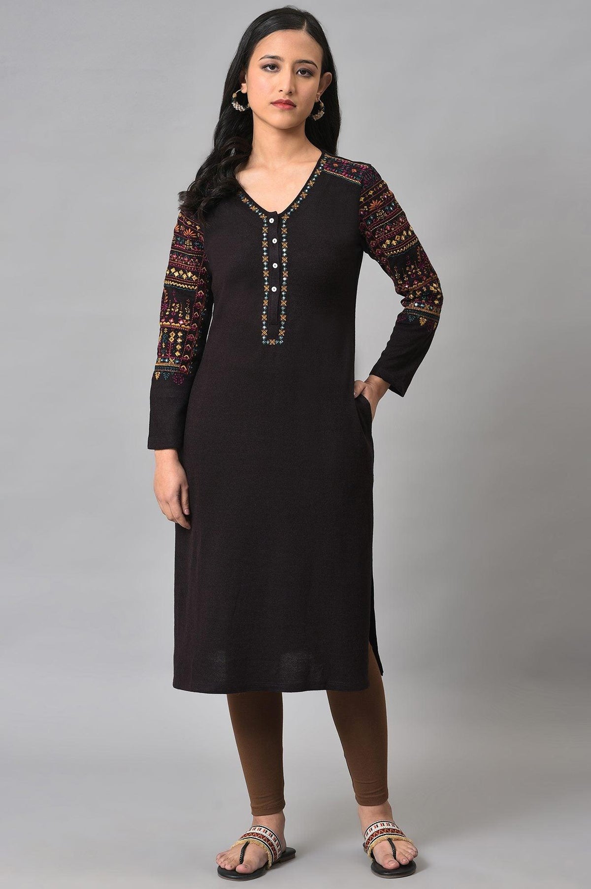 Brown Embroidered Plus Size Winter Kurta - XS